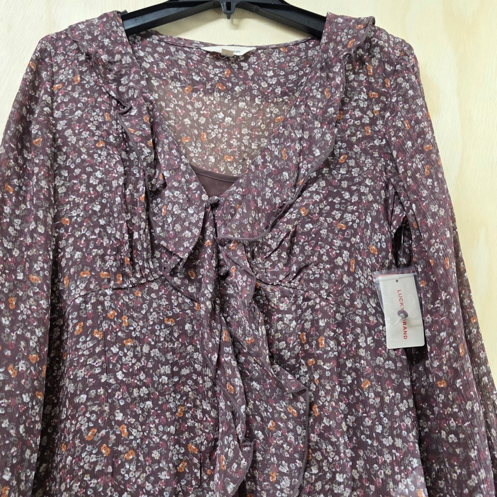 Lucky Brand Womens Floral Ruffle V-Neck Blouse Burgundy Long Sleeve Small NWT - Picture 16 of 16